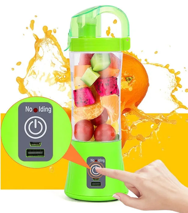 Blue handheld electric fruit juicer with USB charging port and 400ml capacity measurement