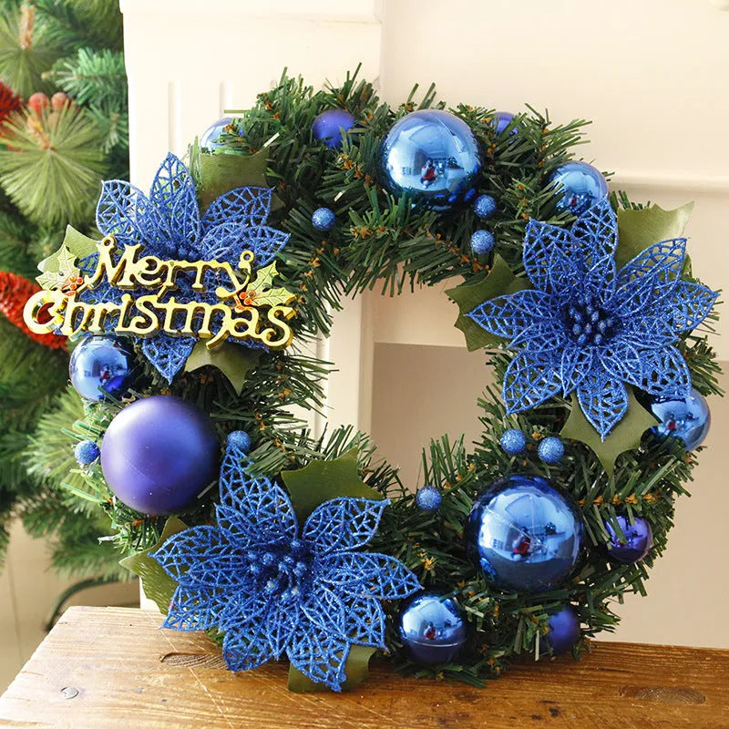 30cm diameter multicolour plastic Christmas wreath decoration showing blue, gold, pink, purple, red, and silver colour options