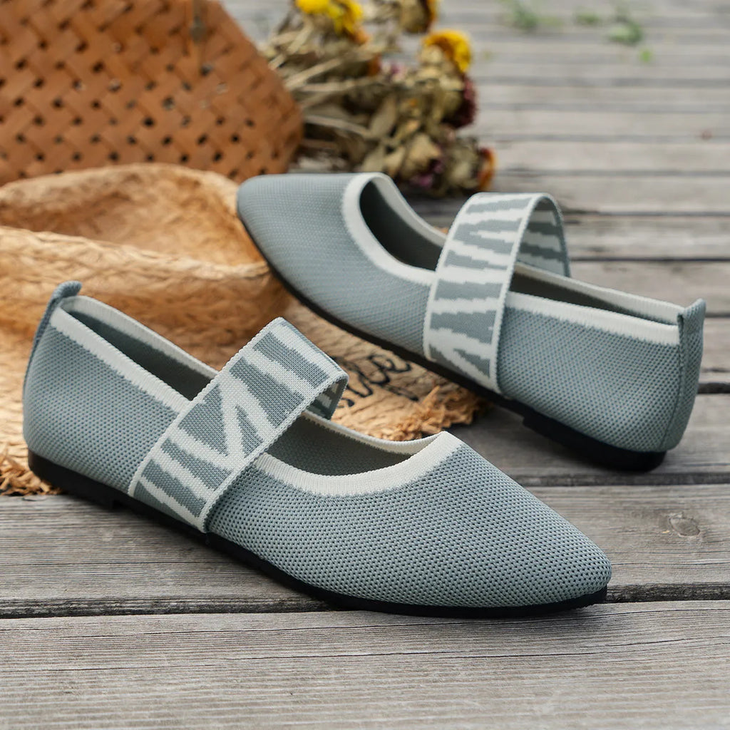 Women's striped pointed toe flat loafers with mesh upper in beige – side view