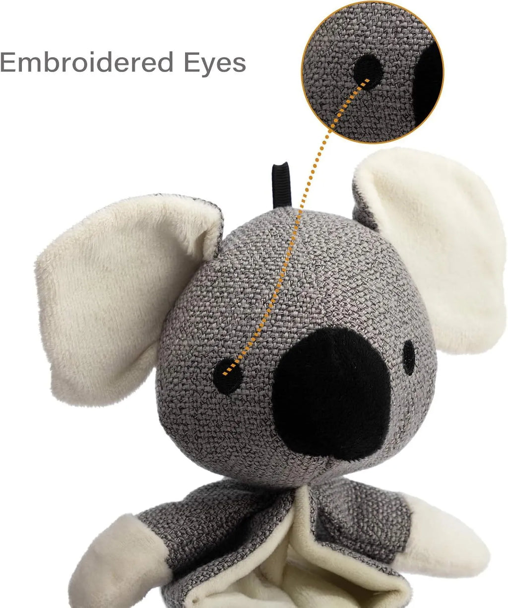 Grey koala squeaky dog toy measuring 30cm length with crinkle paper inside and durable cloth construction