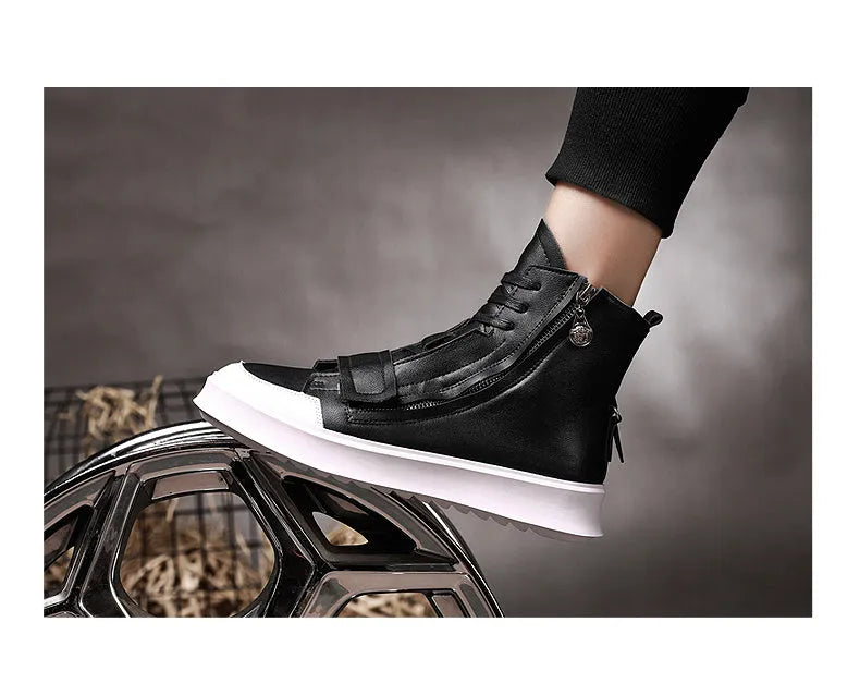 Black and white PU leather men's ankle boots with high-top sneaker design showing microfiber material texture