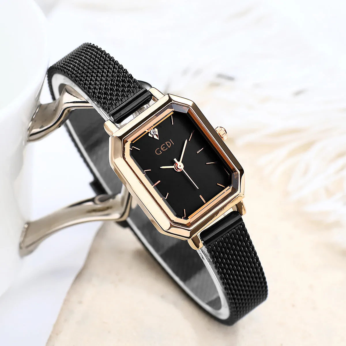 Women's square retro casual watch with rose shell case and multiple colour dial options