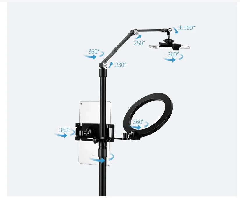 Black mobile phone tablet stand with fill light on floor for live broadcast filming