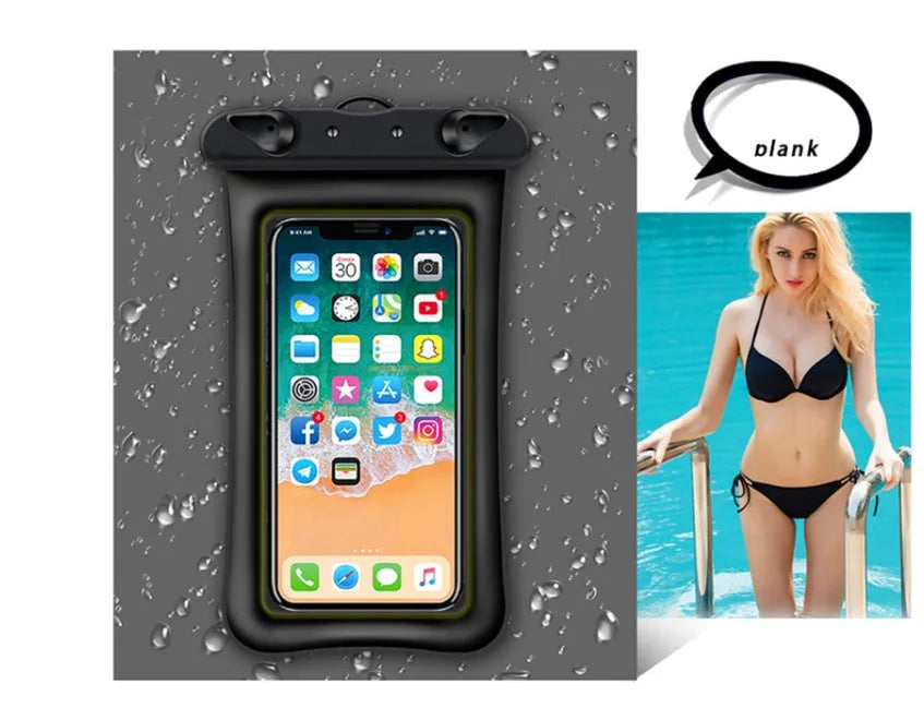 Orange PVC waterproof mobile phone pouch with a black rope lanyard attached.