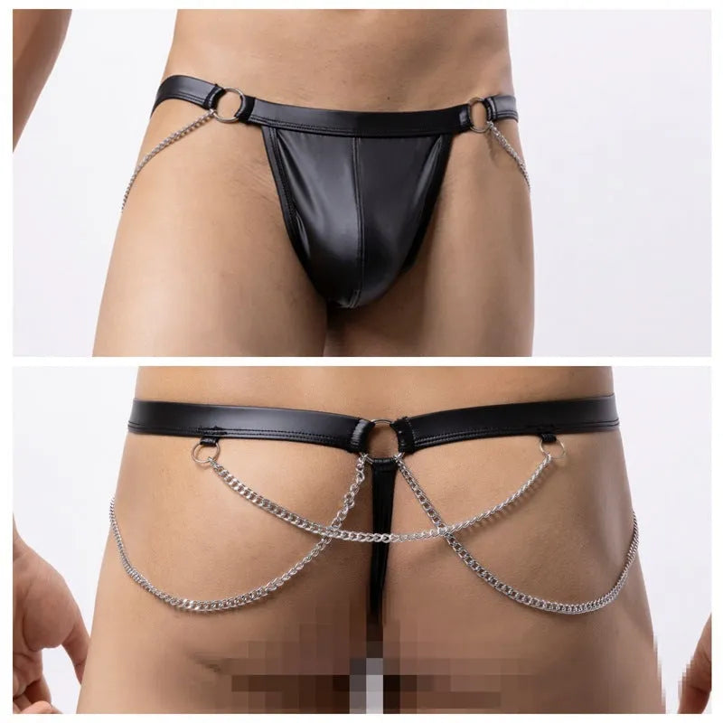 Black men's thong underwear with patent leather finish and chain detail