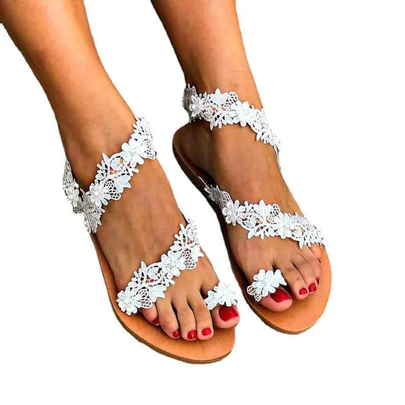 White plus size women's flat sandals with rhinestone flower decoration and slip-on design