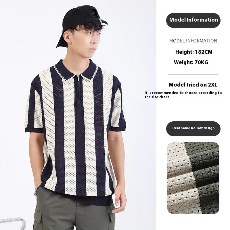 Men's short sleeve summer sweater in viscose with stripe pattern and zipper details