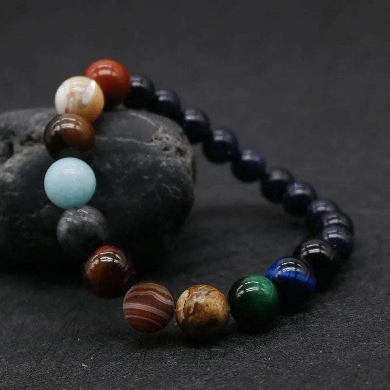 Eight planets natural stone beaded bracelet on wrist, 19cm elastic unisex design