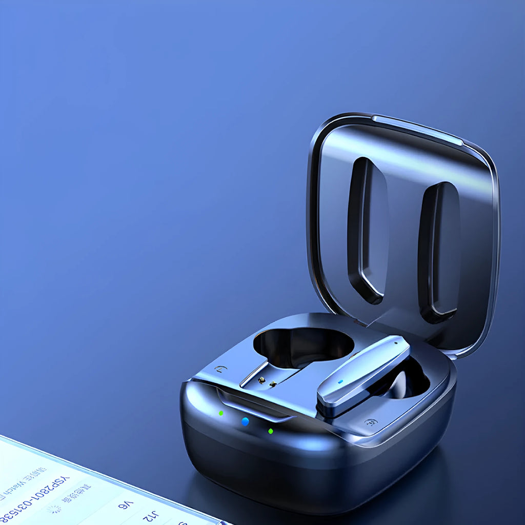 Black and white TWS Bluetooth 5.1 in-ear headphones with charging case and USB cable on a table.