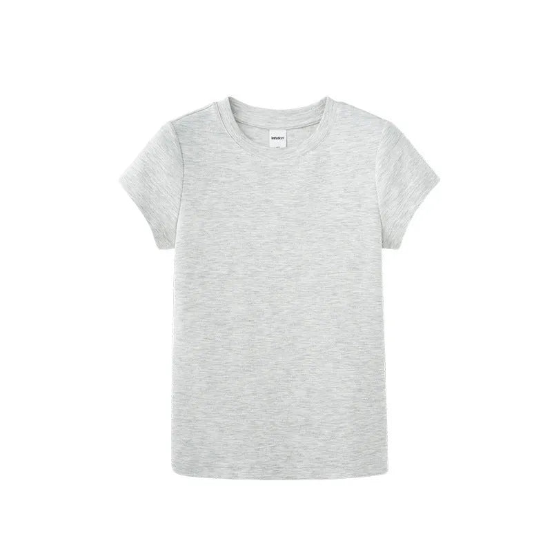 Navy slim fit stretch t-shirt shown in vest and short sleeve styles for men and women.