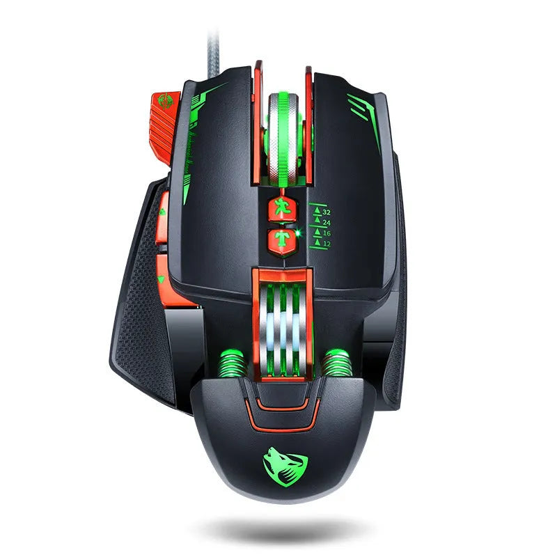 Thunder Wolf V9 black wired gaming mouse with six buttons and ergonomic shape on a mouse pad.