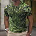 Men's asymmetric short sleeve shirt with striped and geometric printed pattern in a lightweight cotton blend fabric.