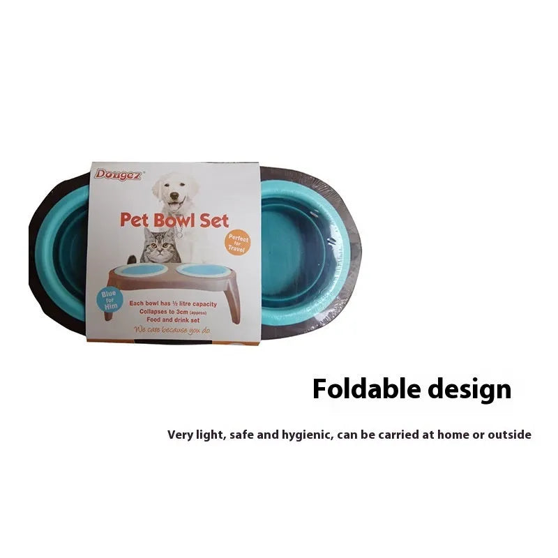 Blue folding double bowl pet feeder made from TPR and PP materials showing non-slip base and two compartments