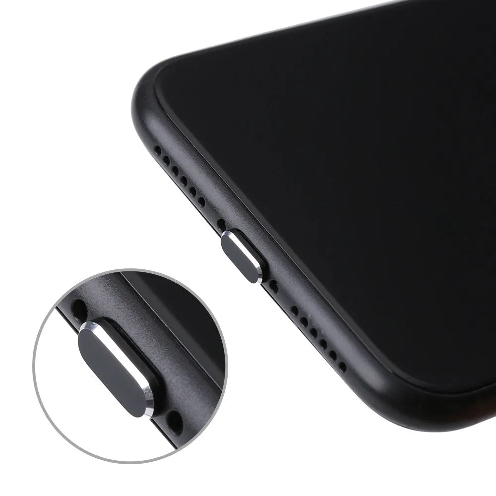 Aluminium alloy charging port dust plug for iPhone in various colours including gold, black, and rose gold.