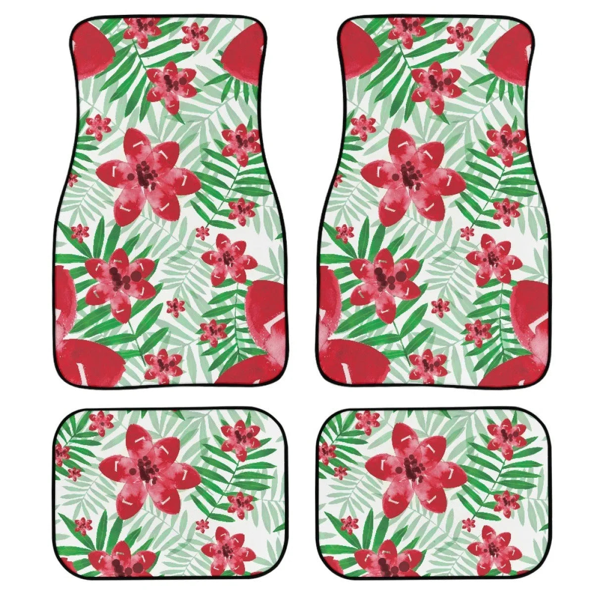 Black rubber car floor mat set with waterproof lining, four-piece suit for vehicle footwells.