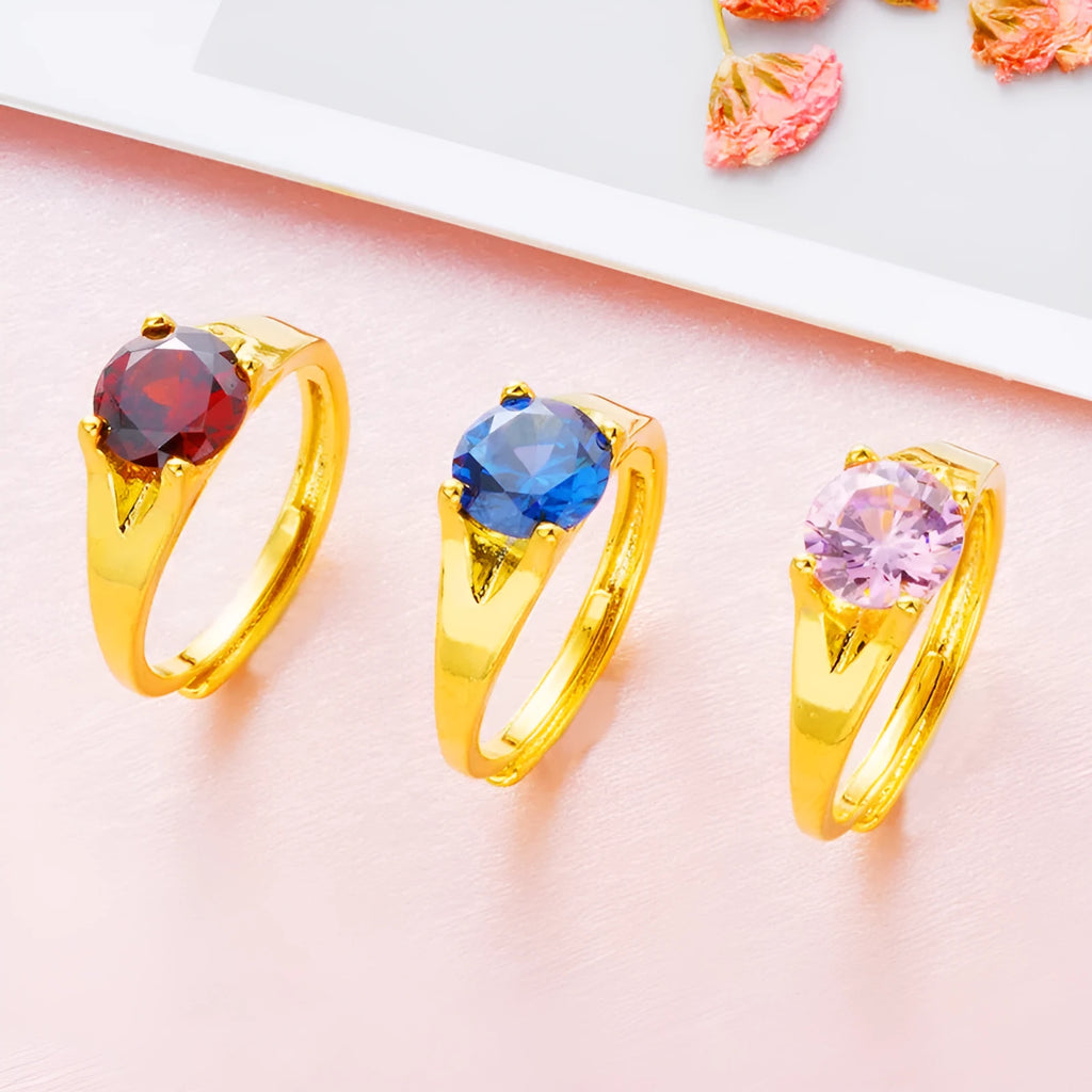 Adjustable women's gold zircon ring in copper with six colour options and flexible opening design