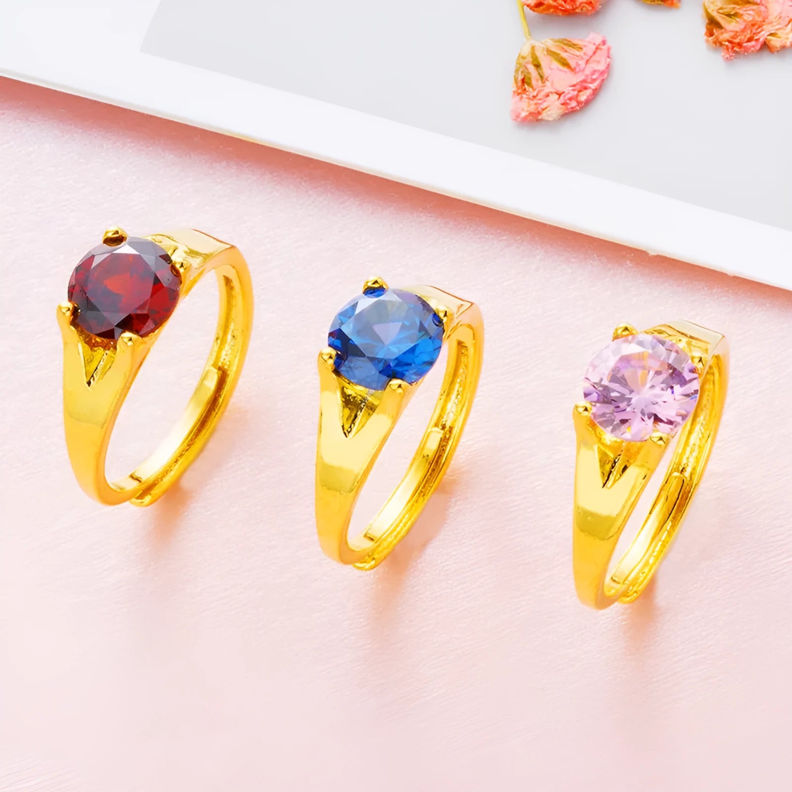 Adjustable women's gold zircon ring in copper with six colour options and flexible opening design