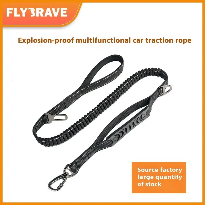 Black retractable reflective nylon traction belt for dogs with hand-held buffer grip