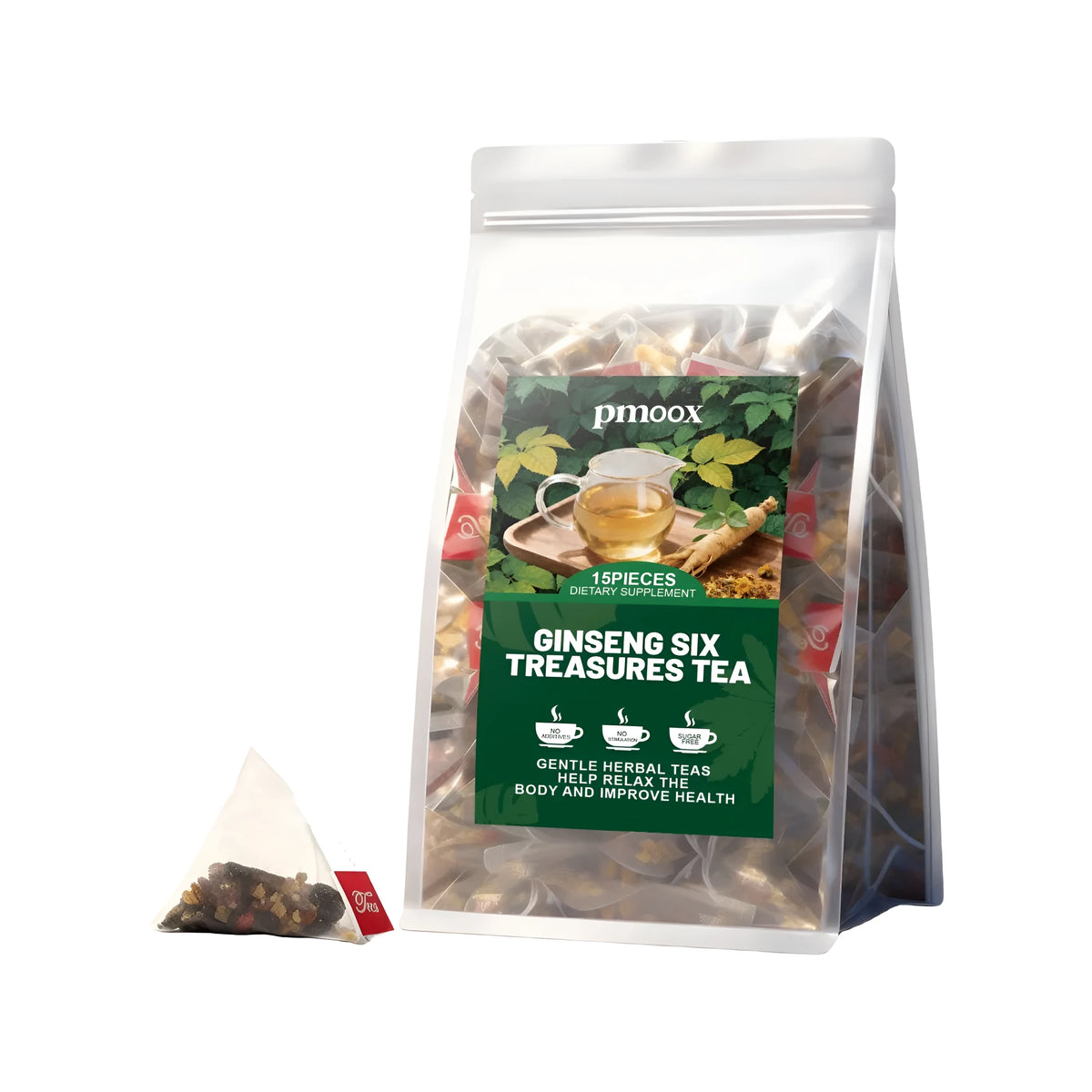 Ginseng Six Treasures Tea bag pack with 15 individual herbal tea bags featuring six ingredients including mulberry and ginseng.