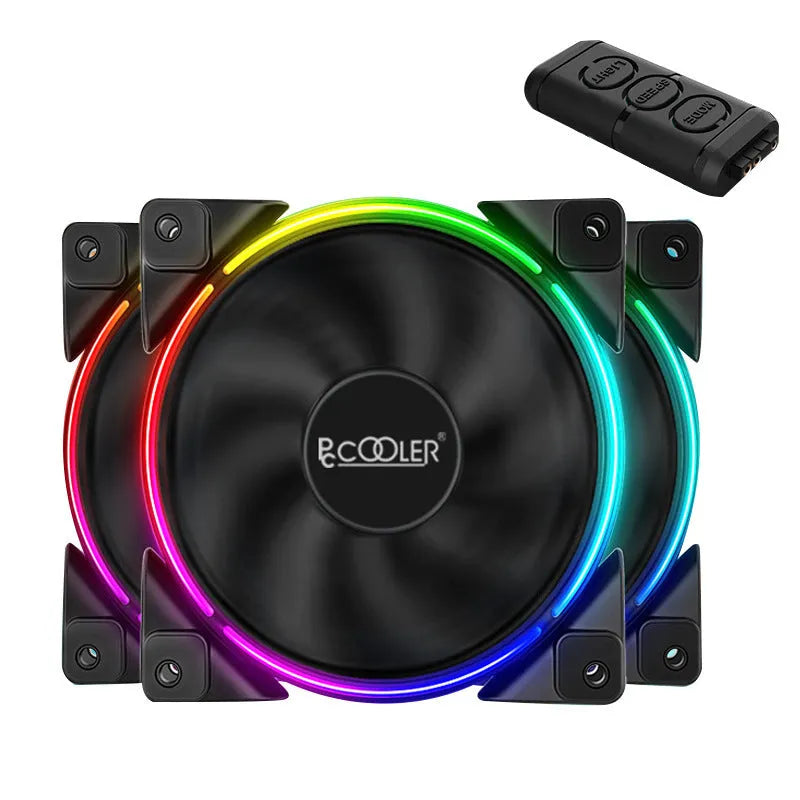 Three black 12cm FRGB lighting PC case fans with transparent blades on a dark background.