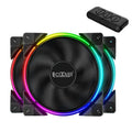 Three black 12cm FRGB lighting PC case fans with transparent blades on a dark background.