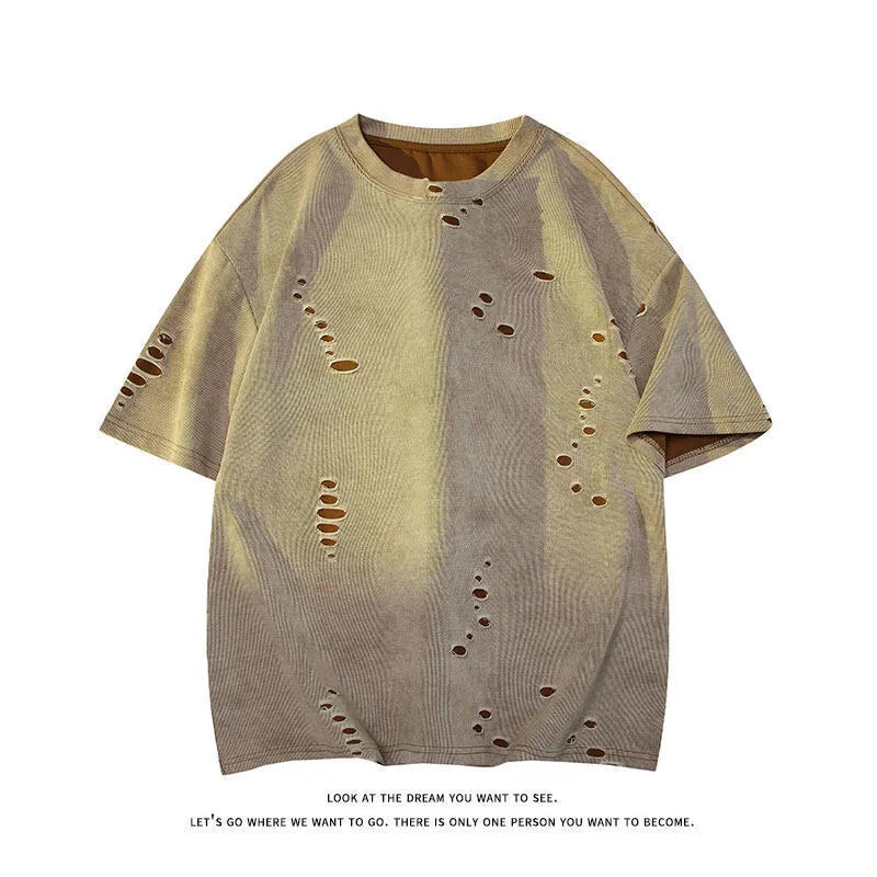Men's loose fit short sleeve T-shirt with ripped detailing in cotton blend fabric