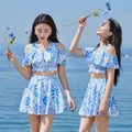 Fresh floral blue women's one-piece swimsuit swimming dress with flower pattern, available in multiple sizes
