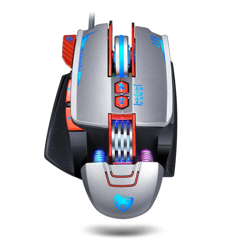 Thunder Wolf V9 black wired gaming mouse with six buttons and ergonomic shape on a mouse pad.