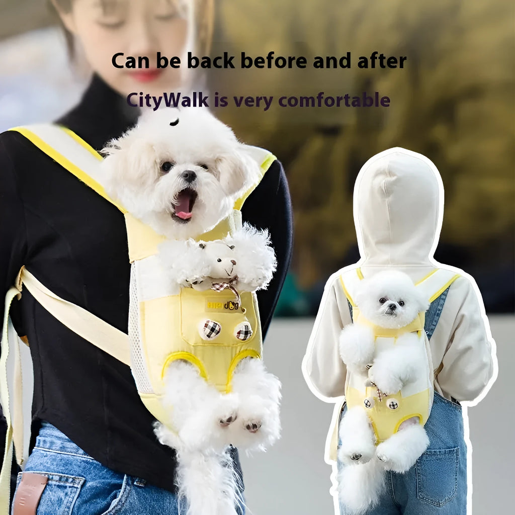 Cartoon canvas chest pet carrier bag in Beka yellow bear with ribbon trim, front view