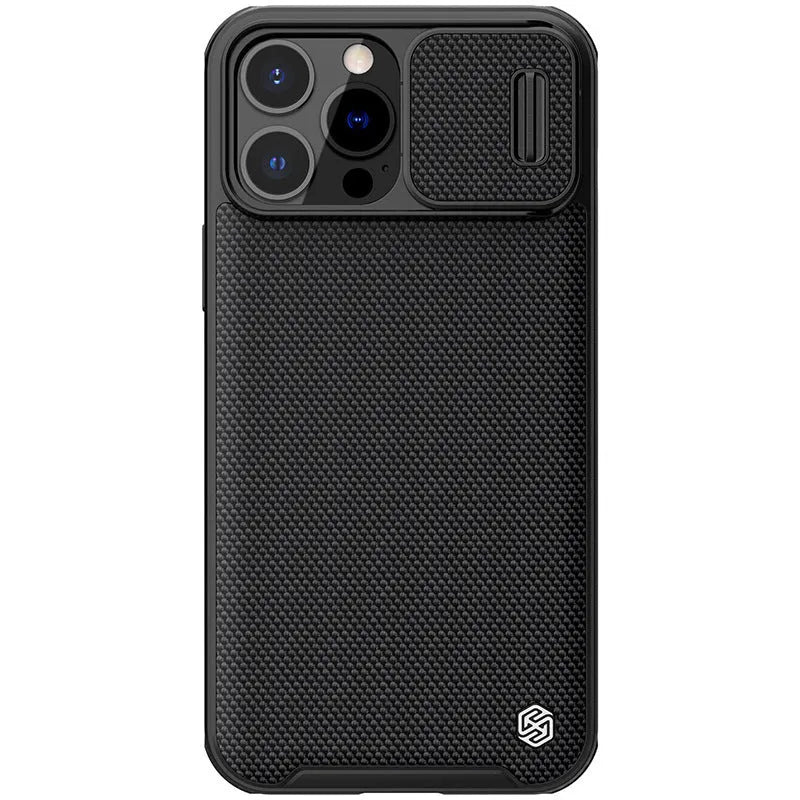 Black textured sliding back cover phone case for iPhone 13 Pro Max made from PC and TPU.