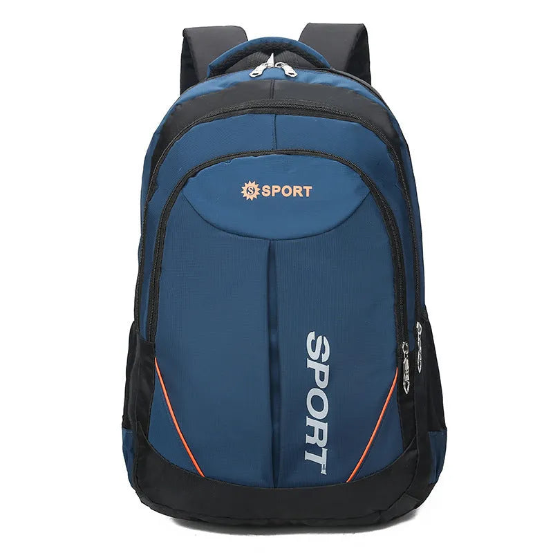 Large capacity men's nylon backpack with curved shoulder straps in black colour showing letter print detail