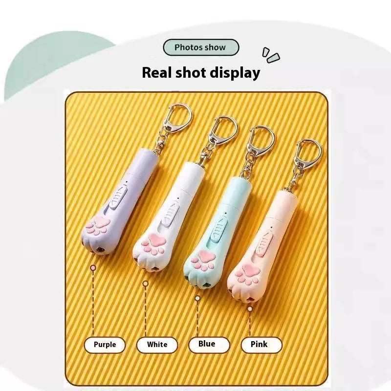 USB-rechargeable cat teaser wand with LED light and colourful feather in sky blue colour