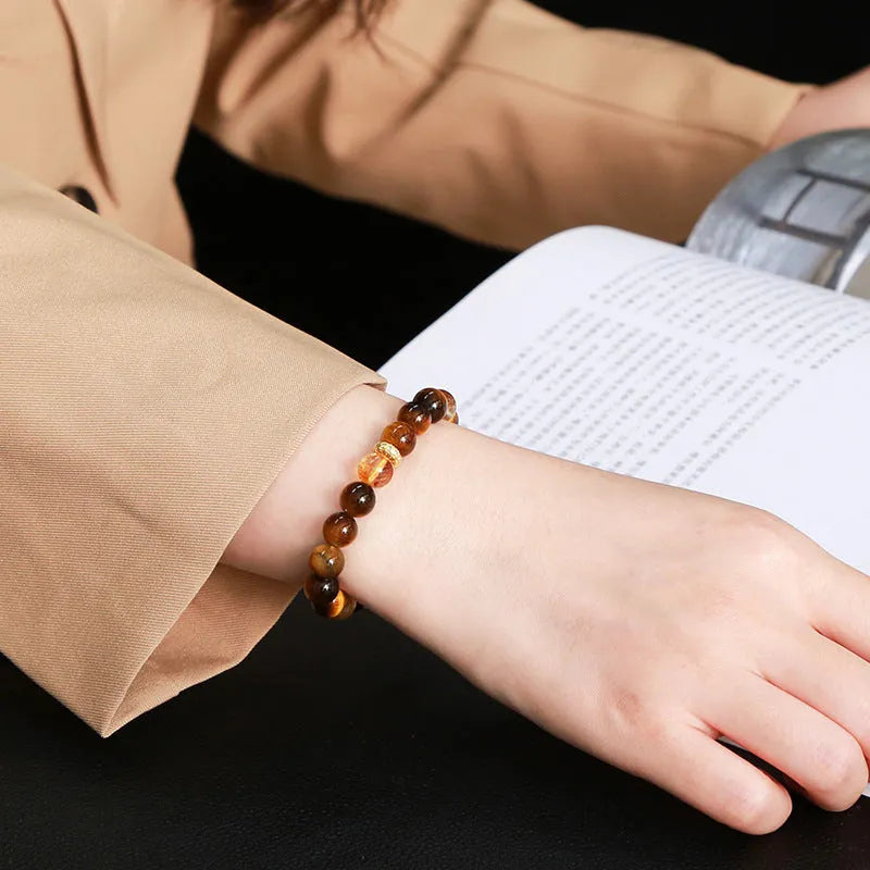 Natural yellow tiger-shaped stone and yellow tower crystal 8mm bead bracelet for women