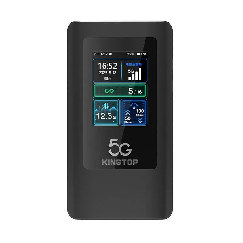 Black portable 5G Wi-Fi router showing LCD screen, USB-C port, and compact design