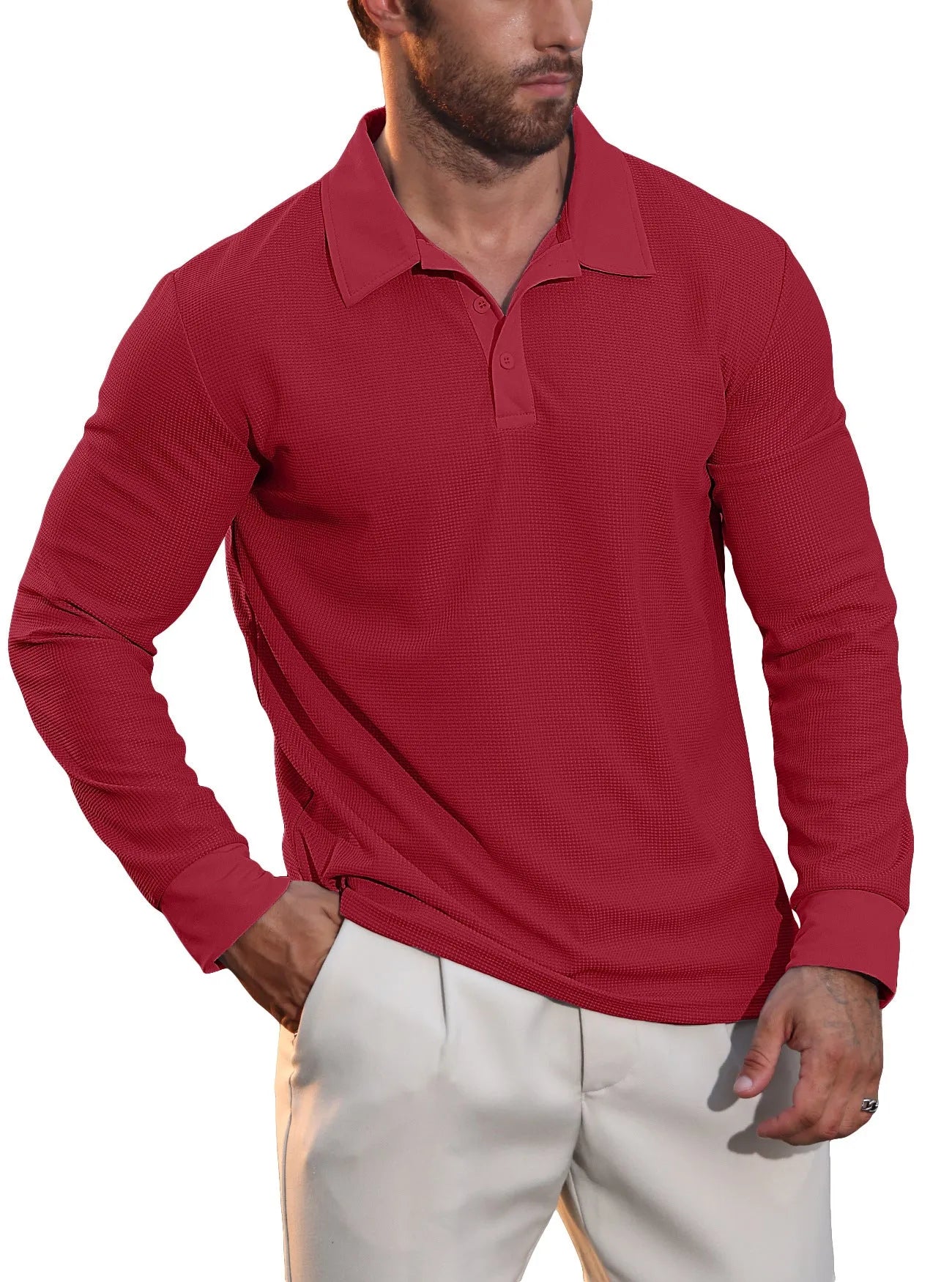 Men's lapel grid pattern long sleeve polyester sweater in autumn colours, front view