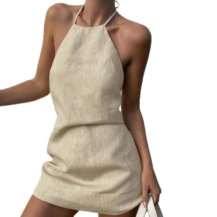 Solid colour women's A-line summer dress made from a linen blend fabric.
