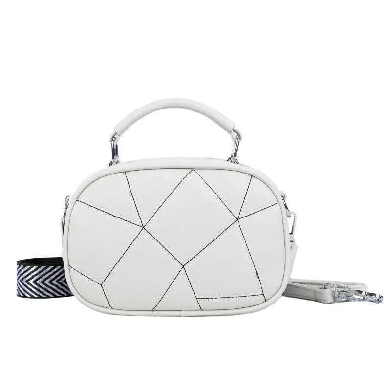 Fashion three-layer retro patchwork small bag in PU, round shape, stitching detail, 20x15 cm