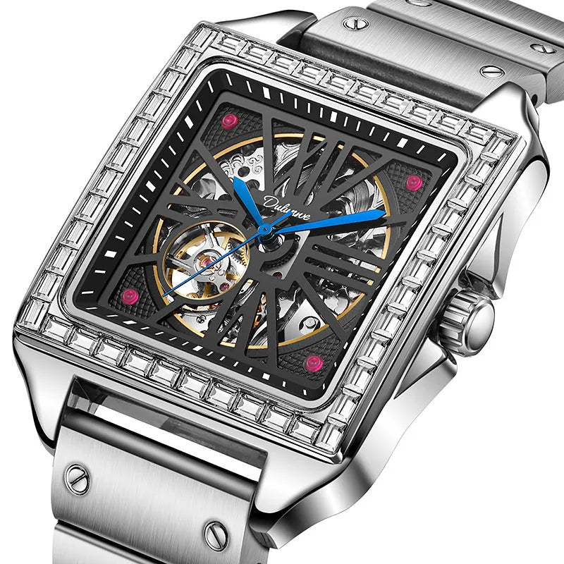 Men's square stainless steel automatic watch with diamond bezel on a black leather strap.