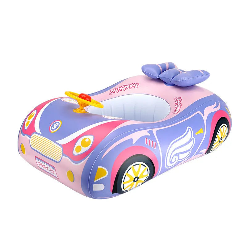 Pink inflatable car-shaped swimming ring for children with a central steering wheel.