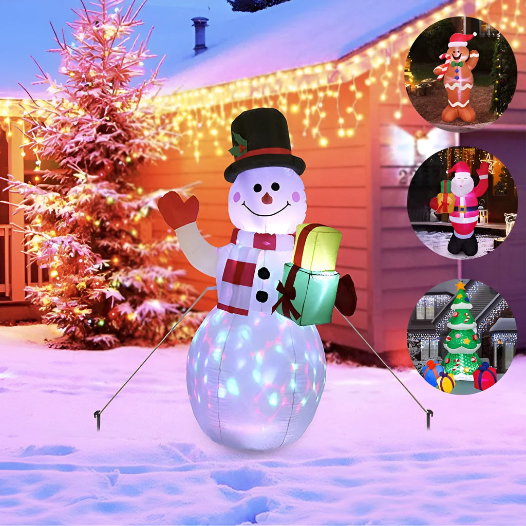 Glowing LED inflatable Christmas decoration showing Santa, tree, or snowman for outdoor garden use