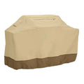 Beige polyester outdoor barbecue dust cover shown folded, with size options listed.