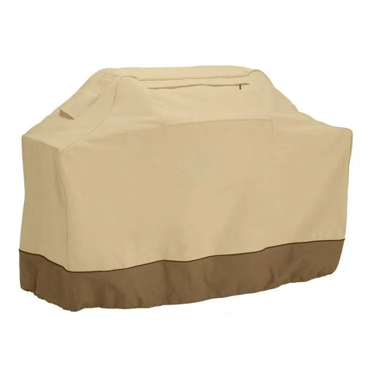 Beige polyester outdoor barbecue dust cover shown folded, with size options listed.