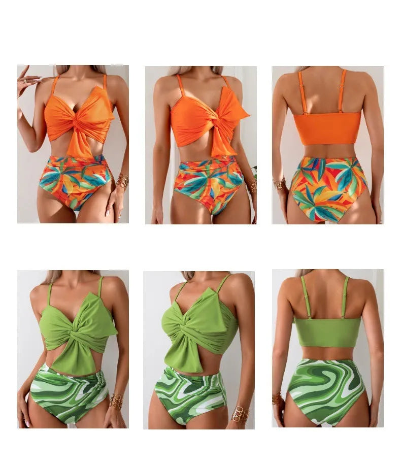 Women's big bow bikini set with swim shorts bottom in bright colour options