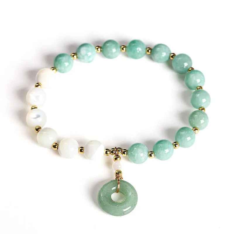 Women's blue Burma jade bracelet with geometric design and horseshoe screw safety buckle