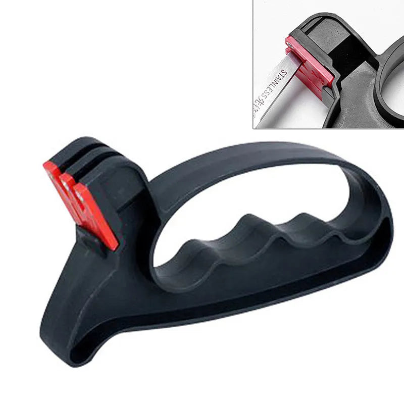 Black handheld knife and scissor sharpener tool with ergonomic handle and tungsten steel blade