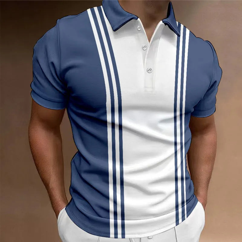 Men's loose-fit casual T-shirt with a printed three-button lapel on the front.