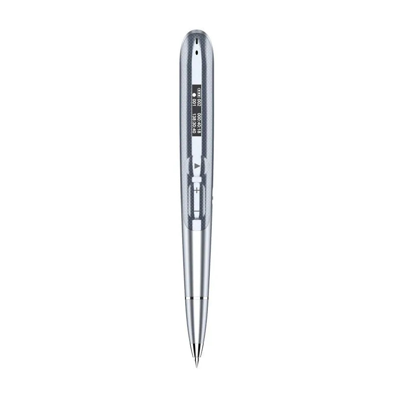 Black and silver lossless recording pen with OLED display screen on a white background