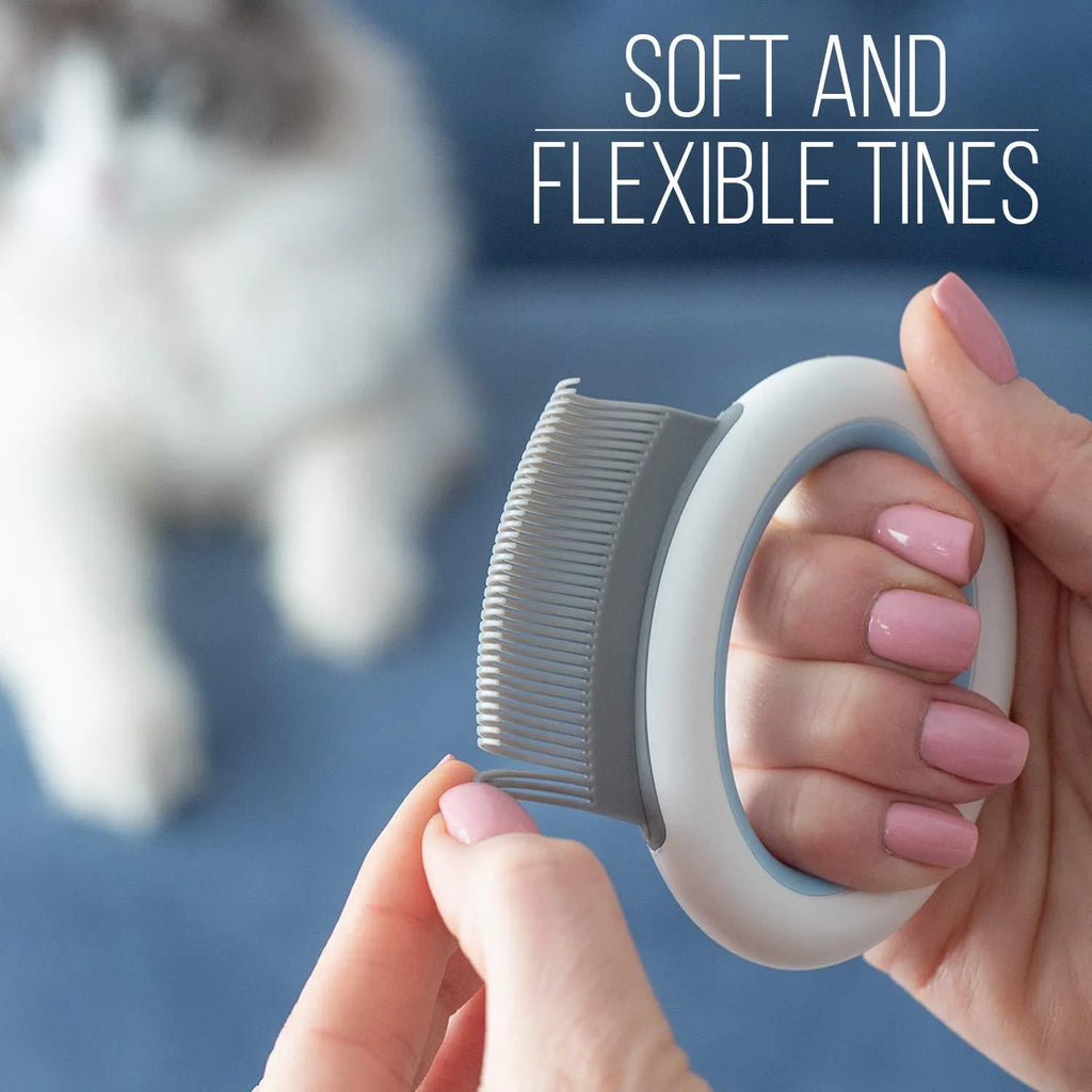 Blue pet grooming comb with ergonomic handle for deshedding cats and dogs