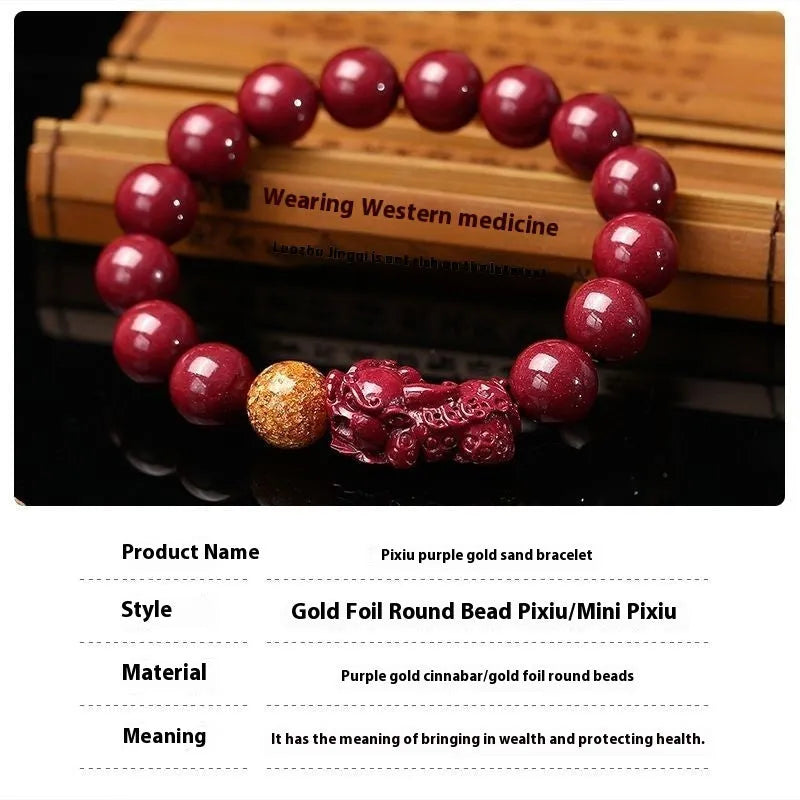 Purple gold sandstone cinnabar bracelet with totem engraving showing polished beads in three size options