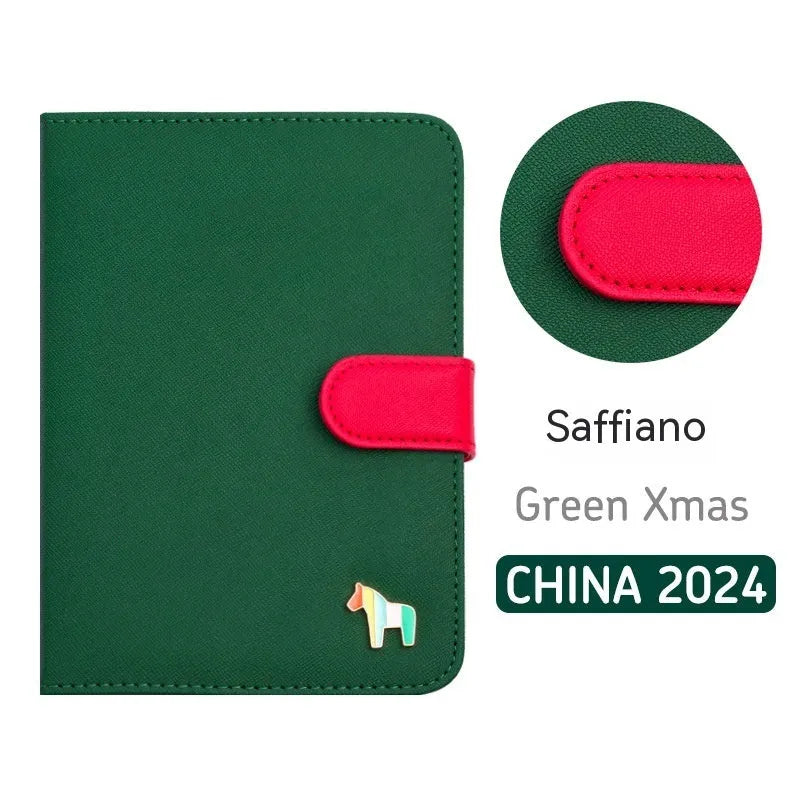 Leather schedule book showing 164x120mm dimensions with 396-day account pages and multiple colour options
